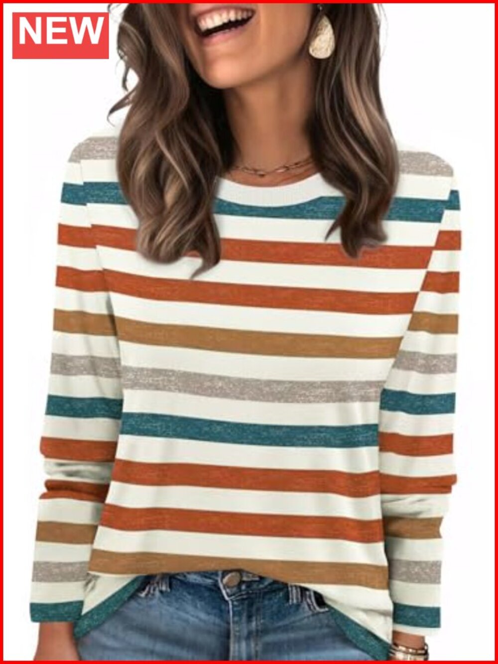 Womens Striped Long Sleeve Ribbed Crewneck T-Shirt Casual Fall Top